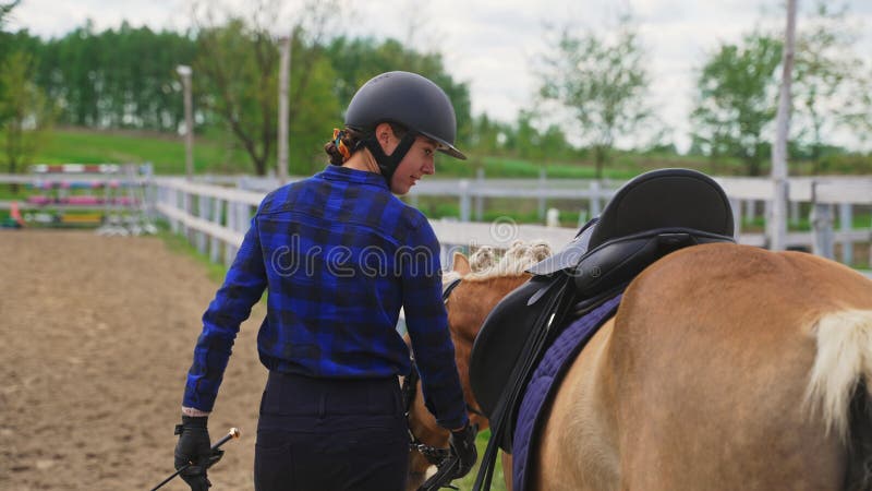 Mulher Jockey Com Seu Cavalo Marrom Selado Patenteando O Garanhão