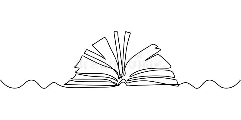 Uma linha desenhando livro aberto. modelo de desenho desenhado desenhado desenhado à mão para ilustração de objetos vetoriais. con