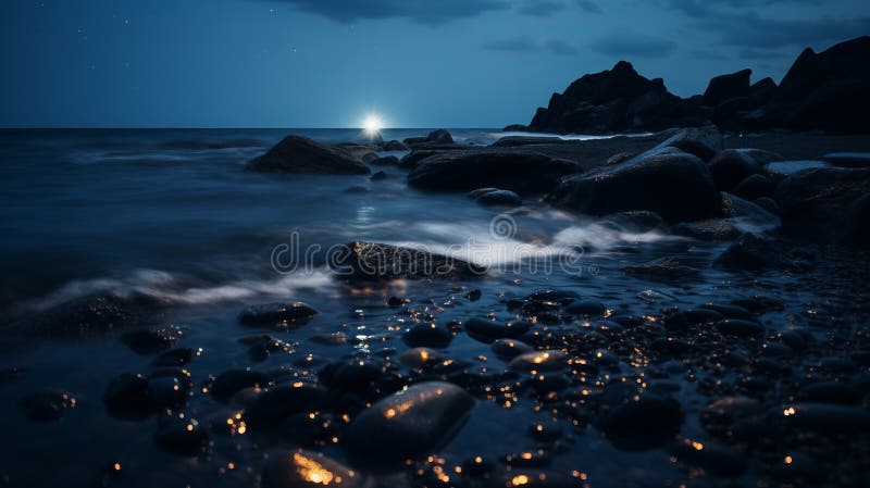 Uma lua cheia brilhando sobre o oceano à noite ilustração stock