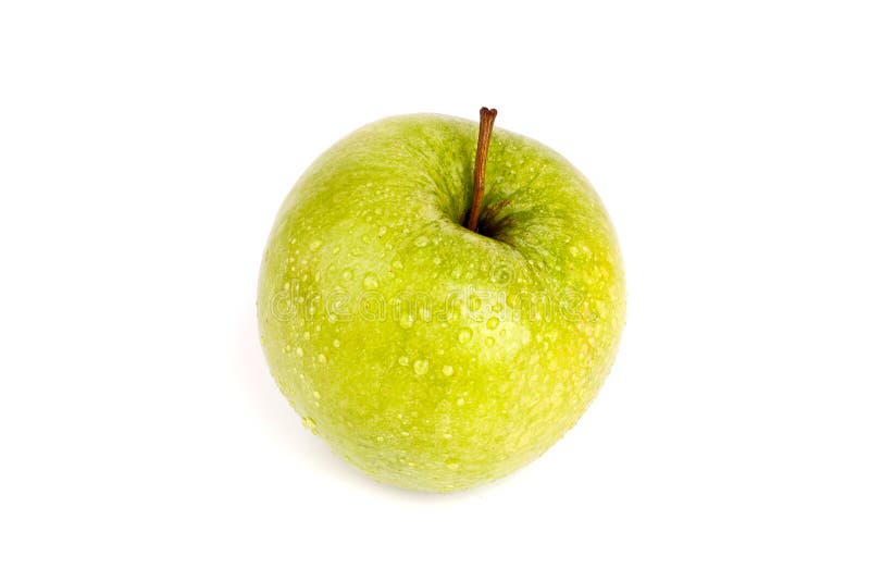 Uma maçã verde grande inteira em gotas da água fundo branco no fim isolado acima da vista superior macro foto de stock Uma maçã verde grande inteira em gotas da água fundo branco no fim isolado acima da vista superior macro foto de stock