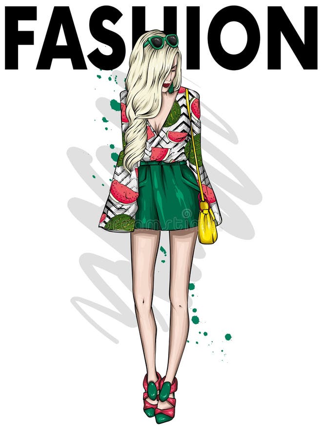 Uma menina delgada alta no short curto, e t-shirt Modelo bonito na roupa ? moda Ilustra??o do vetor ilustração stock Uma menina delgada alta no short curto, e t-shirt Modelo bonito na roupa ? moda Ilustra??o do vetor ilustração stock