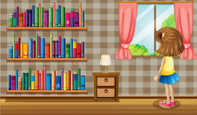Uma menina dentro da casa com uma coleção dos livros ilustração do vetor Uma menina dentro da casa com uma coleção dos livros ilustração do vetor