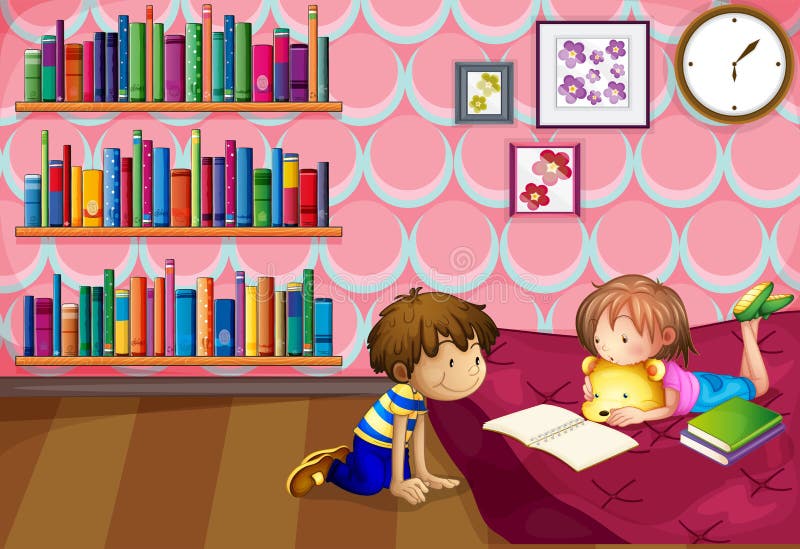 Uma menina e uma leitura do menino dentro de uma sala ilustração stock Uma menina e uma leitura do menino dentro de uma sala ilustração stock