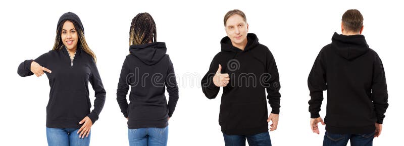 Uma menina em uma camiseta preta com uma capa e um homem em uma parte dianteira da camiseta e isolados para trás, modelo do hoodi imagens de stock Uma menina em uma camiseta preta com uma capa e um homem em uma parte dianteira da camiseta e isolados para trás, modelo do hoodi imagens de stock