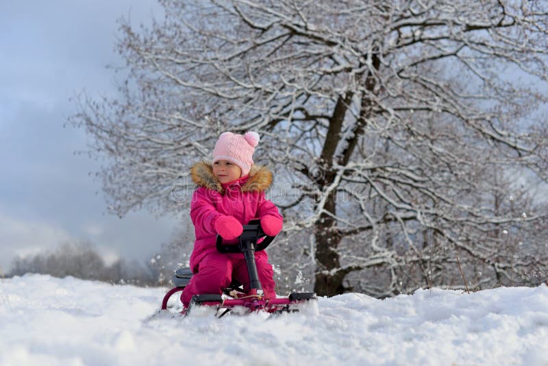 Uma menina em um rosa abaixo do revestimento que senta-se em um trenó sob uma árvore no inverno nevado fotos de stock royalty free Uma menina em um rosa abaixo do revestimento que senta-se em um trenó sob uma árvore no inverno nevado fotos de stock royalty free