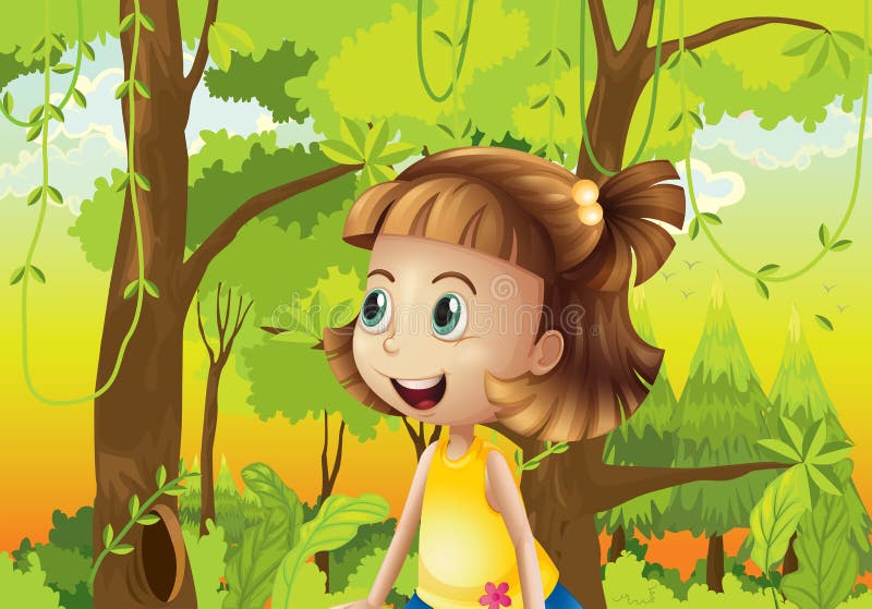 Uma menina feliz perto das árvores ilustração do vetor Uma menina feliz perto das árvores ilustração do vetor