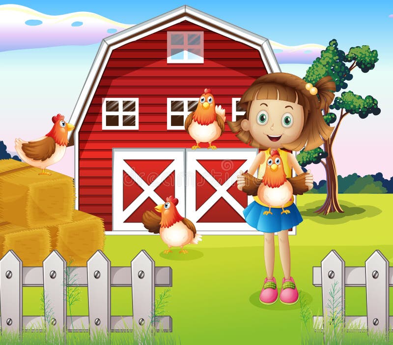 Uma menina que guardara uma galinha na exploração agrícola ilustração stock Uma menina que guardara uma galinha na exploração agrícola ilustração stock