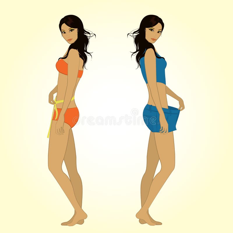 Uma menina que mede-se fita de medição, a outra protuberância da menina ilustração stock Uma menina que mede-se fita de medição, a outra protuberância da menina ilustração stock
