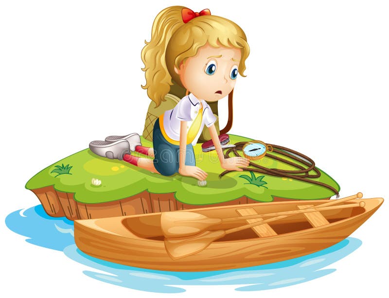 Uma menina triste prendida em uma ilha ilustração royalty free Uma menina triste prendida em uma ilha ilustração royalty free