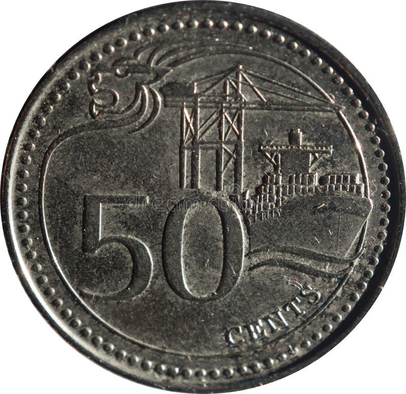 Uma moeda de cinqüênta-centavo de Singapura caracteriza o motivo da Leão-cabeça, o porto de Singapura, e a denominação, isolada n imagem de stock Uma moeda de cinqüênta-centavo de Singapura caracteriza o motivo da Leão-cabeça, o porto de Singapura, e a denominação, isolada n imagem de stock