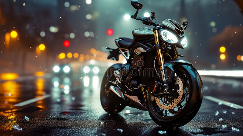 A motorcycle is parked on a wet road with lights on. The scene is set in a city at night, with cars and other vehicles in the background. A motorcycle is parked on a wet road with lights on. The scene is set in a city at night, with cars and other vehicles in the background.