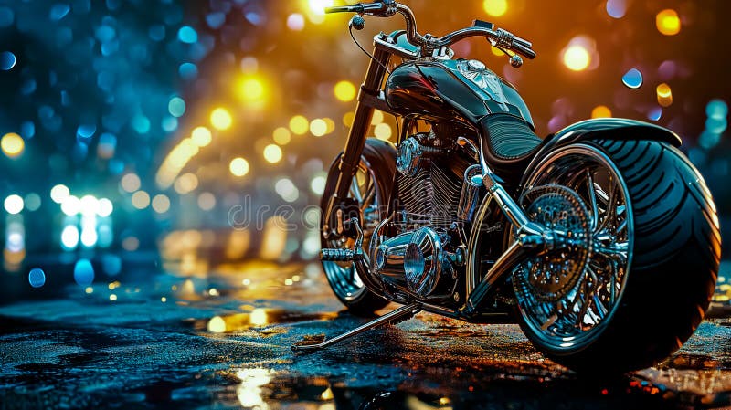 A motorcycle is parked on a wet road with lights on. The scene is set in a city at night, with cars and other vehicles in the background. A motorcycle is parked on a wet road with lights on. The scene is set in a city at night, with cars and other vehicles in the background.