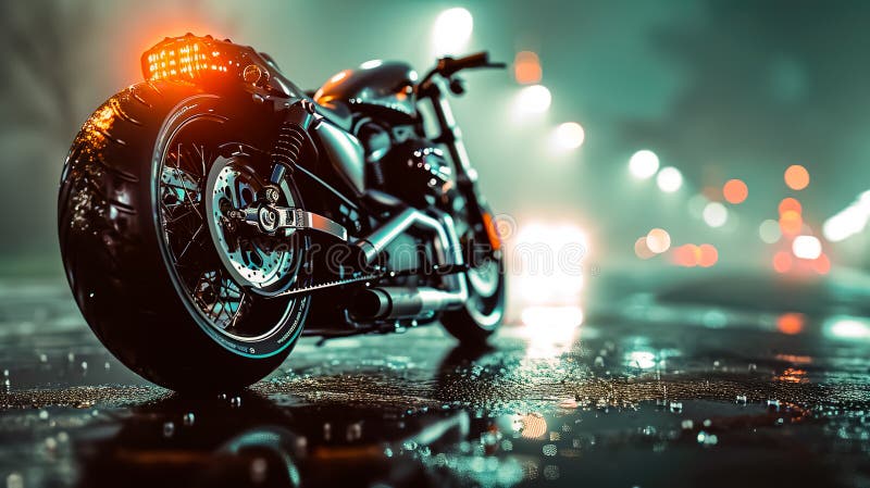 A motorcycle is parked on a wet road with lights on. The scene is set in a city at night, with cars and other vehicles in the background. A motorcycle is parked on a wet road with lights on. The scene is set in a city at night, with cars and other vehicles in the background.