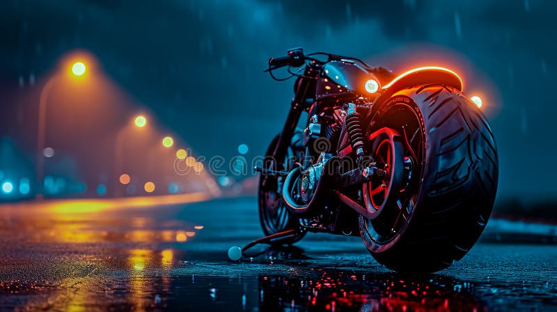 A motorcycle is parked on a wet road with lights on. The scene is set in a city at night, with cars and other vehicles in the background. A motorcycle is parked on a wet road with lights on. The scene is set in a city at night, with cars and other vehicles in the background.