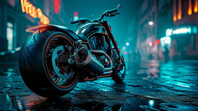 A motorcycle is parked on a wet road with lights on. The scene is set in a city at night, with cars and other vehicles in the background. A motorcycle is parked on a wet road with lights on. The scene is set in a city at night, with cars and other vehicles in the background.