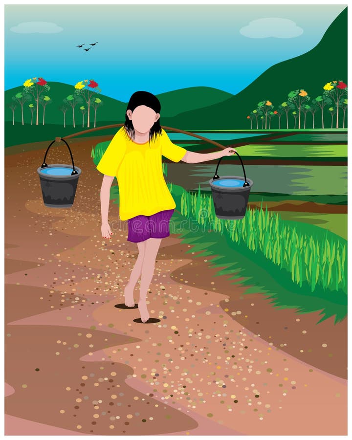 Uma moça de campo carrega água com um balde plástico. design ilustração do vetor