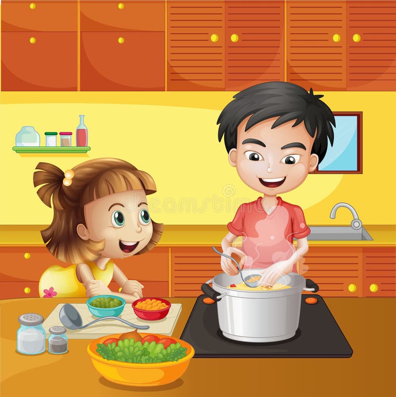 Uma moça e um menino na cozinha ilustração royalty free Uma moça e um menino na cozinha ilustração royalty free
