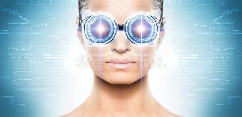 Uma mulher do futuro com um holograma do laser