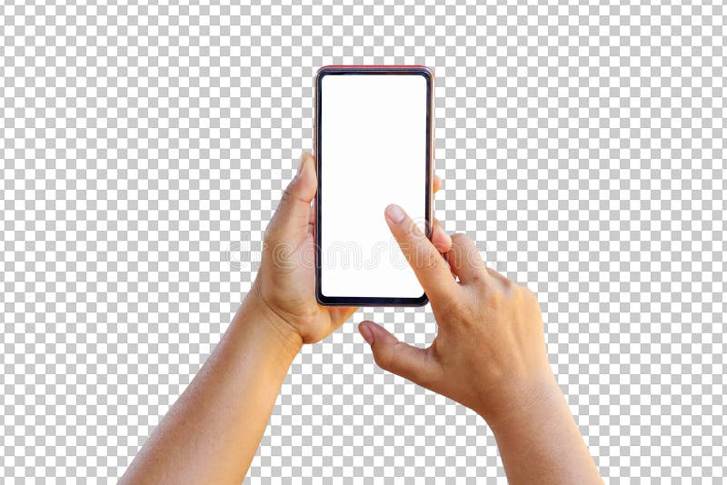 Uma mulher usando o dedo para imprimir na tela de um telefone celular moderno isolado em um fundo transparente.