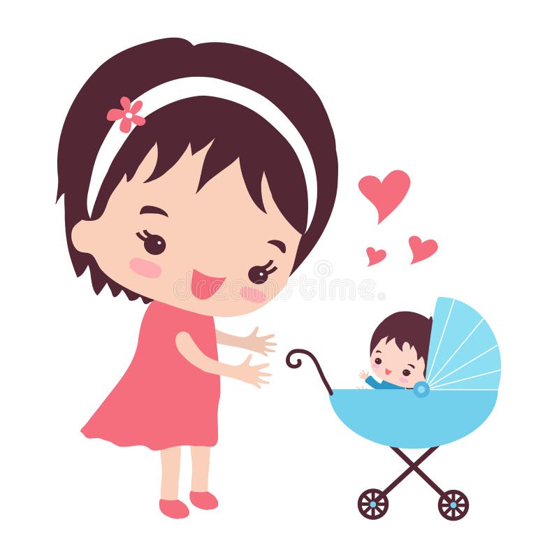 Uma mãe feliz caminha com um carrinho de bebé ilustração royalty free