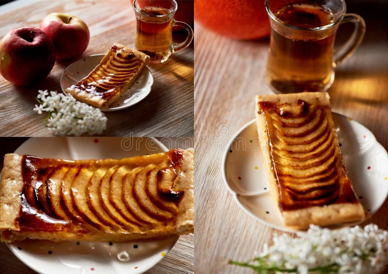 Uma parte deliciosa de torta de Apple, maçãs vermelhas Partido de ch? collage imagens de stock Uma parte deliciosa de torta de Apple, maçãs vermelhas Partido de ch? collage imagens de stock