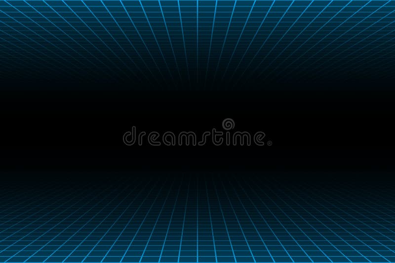 Uma perspectiva de um ponto luz azul sobre e sob a grade sobre fundo escuro, composição do espaço de cópia, conceito de tecnologi