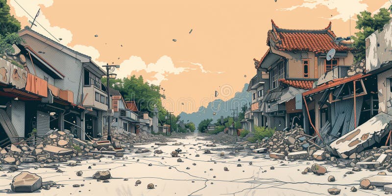 Uma pintura representando uma rua destruída por um terremoto em taiwan imagens de stock royalty free