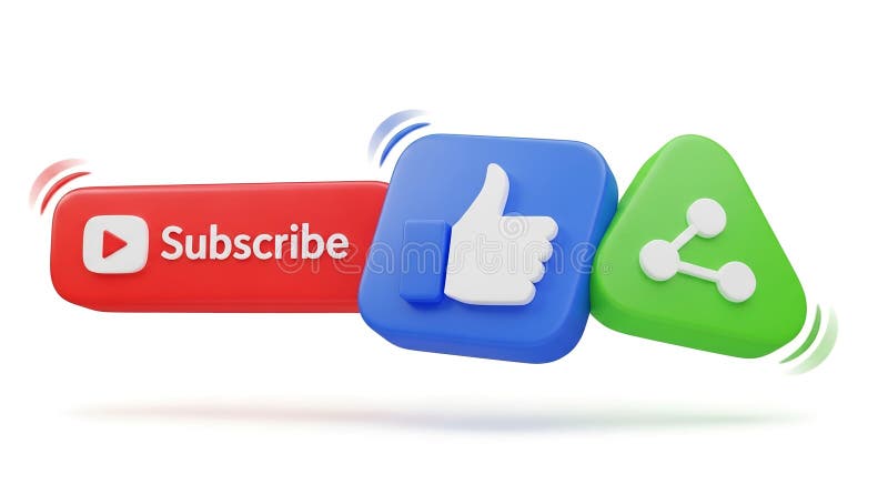 Uma renderização 3D de um ícone de botão de inscrição no YouTube e um ícone de partilha num fundo branco ilustração royalty free