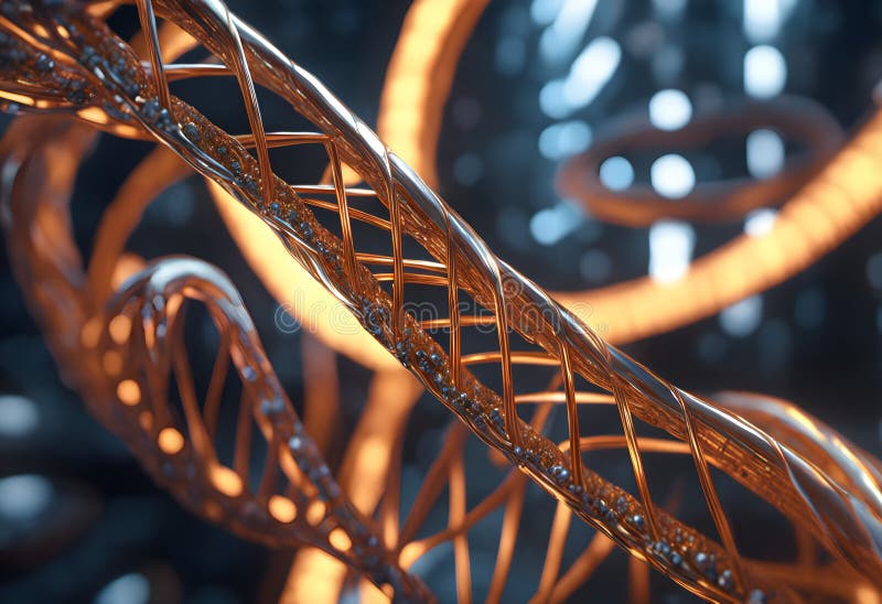 The image showcases a highly detailed and stylized representation of DNA strands. The strands twist around each other in the classic double helix structure, illuminated against a dark background that provides a stark contrast. This artistic rendition of DNA gives the strands a metallic, almost golden sheen, and they appear to be encrusted with smaller particles or molecules that catch the light, creating a sense of depth and complexity. The backdrop seems to contain faint, out-of-focus circular elements that might represent cells or molecules, further emphasizing the biological theme. The overall effect is both scientific and artistic, conveying a sense of the intricate beauty found within the building blocks of life. AI generated. The image showcases a highly detailed and stylized representation of DNA strands. The strands twist around each other in the classic double helix structure, illuminated against a dark background that provides a stark contrast. This artistic rendition of DNA gives the strands a metallic, almost golden sheen, and they appear to be encrusted with smaller particles or molecules that catch the light, creating a sense of depth and complexity. The backdrop seems to contain faint, out-of-focus circular elements that might represent cells or molecules, further emphasizing the biological theme. The overall effect is both scientific and artistic, conveying a sense of the intricate beauty found within the building blocks of life. AI generated