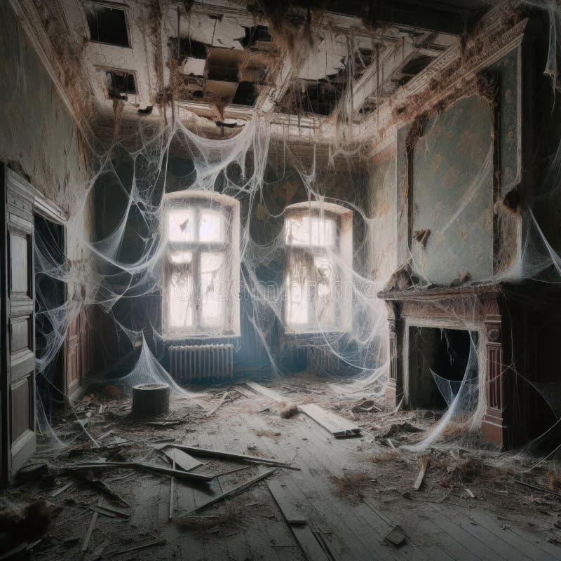 Uma sala completamente coberta de teias de aranha. imagem de stock