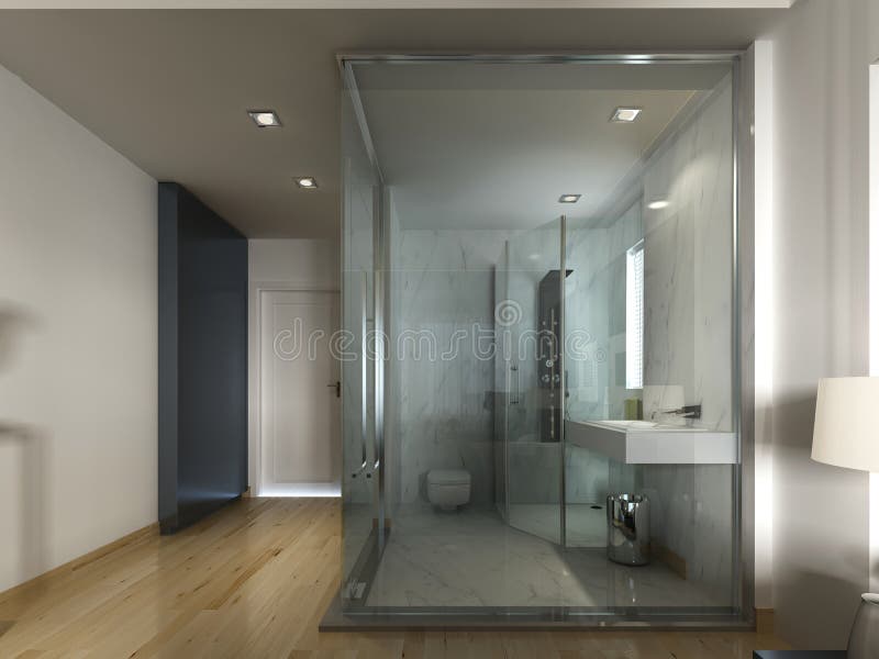 Uma sala de hotel de luxo em um projeto contemporâneo com banheiro de vidro ilustração stock Uma sala de hotel de luxo em um projeto contemporâneo com banheiro de vidro ilustração stock