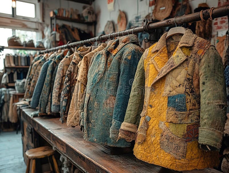 Uma sala encantadora cheia de roupas e artigos antigos que exibem um mosaico vibrante de jaquetas em madeira foto de stock