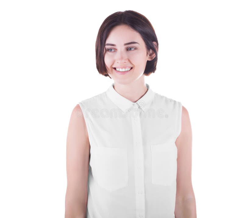 Uma senhora adorável e feliz com um corte de cabelo escuro curto, isolado em um fundo branco Uma moça positiva Esfera 3d diferent fotos de stock Uma senhora adorável e feliz com um corte de cabelo escuro curto, isolado em um fundo branco Uma moça positiva Esfera 3d diferent fotos de stock