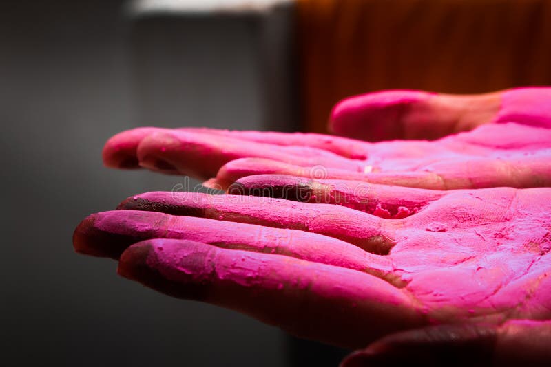 Uma senhora que indica a palma colured durante o festival do holi em india imagens de stock royalty free Uma senhora que indica a palma colured durante o festival do holi em india imagens de stock royalty free