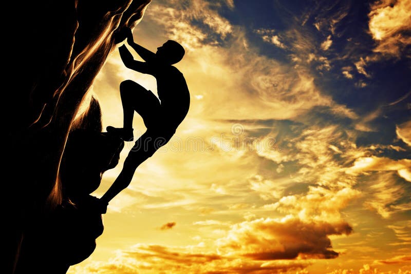 Uma silhueta da escalada livre do homem na montanha ilustração stock Uma silhueta da escalada livre do homem na montanha ilustração stock