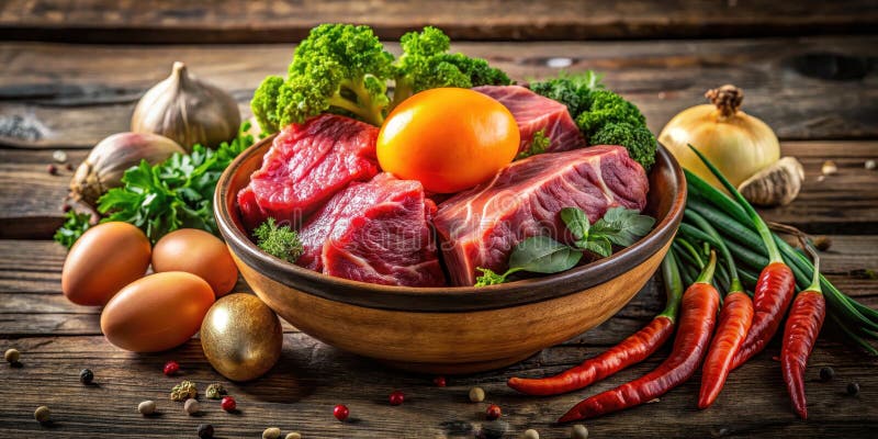 Uma tigela de madeira russa, com flores de brócolis de carne crua vibrantes, ovos de ervas frescas e pimentões picantes prontos pa imagens de stock royalty free