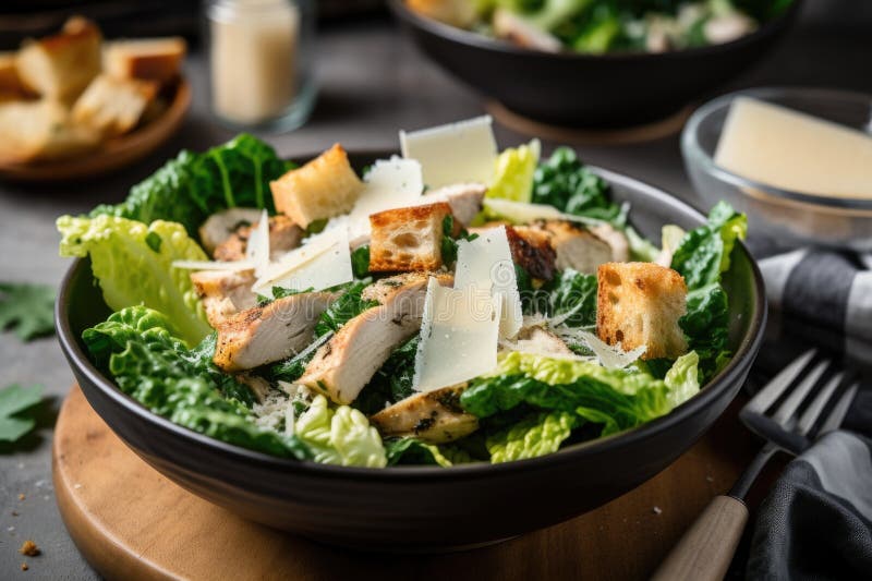 Uma tigela de salada de galinha caesar com galinha suculenta grelhada ou assada e rotons estaladiços ilustração royalty free