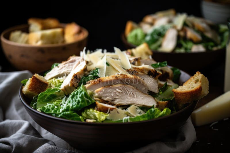 Uma tigela de salada de galinha caesar com galinha suculenta grelhada ou assada e rotons estaladiços ilustração stock