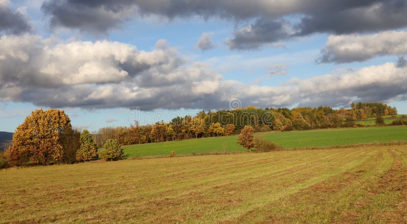 Uma vista da paisagem do outono ao sol da tarde. fotografia de stock royalty free