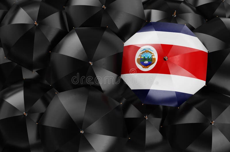 Umbrella with Costa Rican Flag among Black Umbrellas, 3D Rendering
