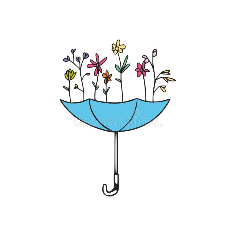 Umbrella with Flowers, Spring Sign on White Background, Blue Umbrella ...