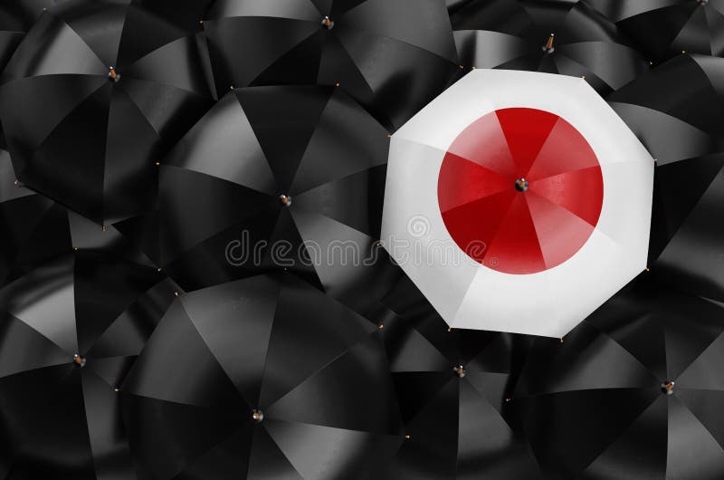 Umbrella with Japanese Flag among Black Umbrellas, 3D Rendering Stock Illustration