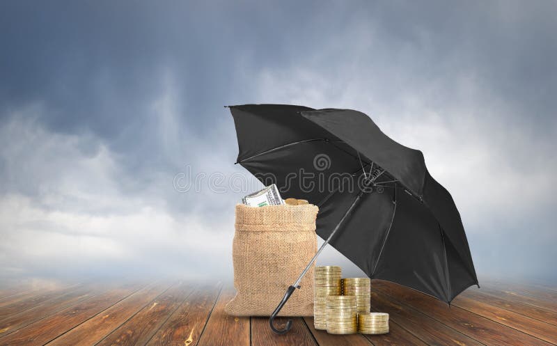 Umbrella protection bag with dollars and stack of coins on rainy weather background . Protection money royalty free stock photos Umbrella protection bag with dollars and stack of coins on rainy weather background . Protection money royalty free stock photos