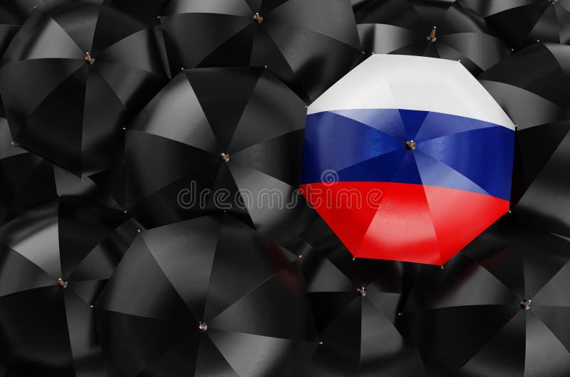 Umbrella with Russian Flag among Black Umbrellas, 3D Rendering Stock
