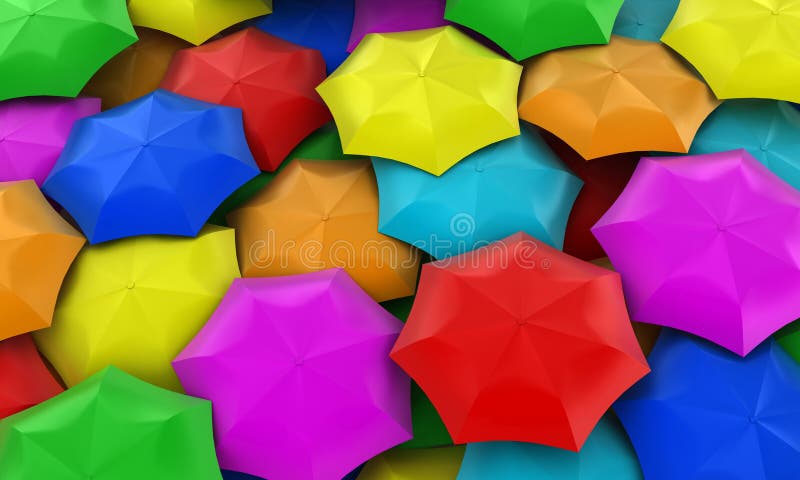 Ilustrace mnoha barevné deštníky shromážděny na jednom místě.