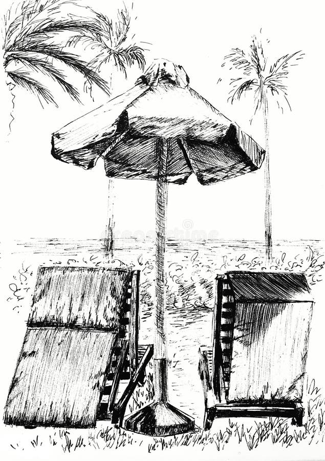Umbrellas on the Beach Ink Drawing Stock Illustration Illustration of
