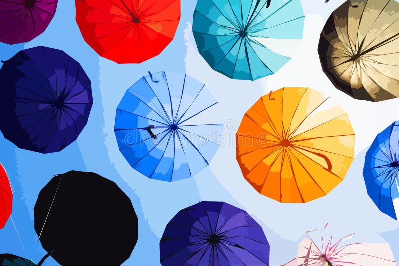 Umbrellas of Different Colors in the Sky for Decoration. Vector Drawing