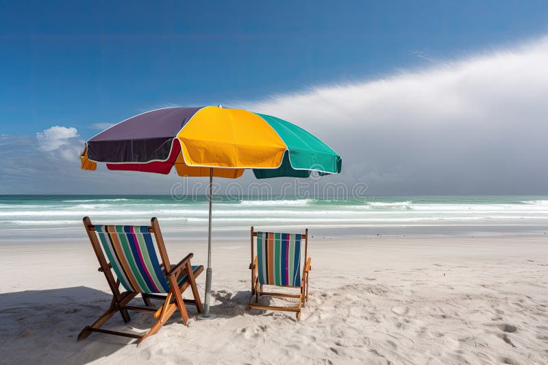 Umbrellas and Hammocks on Beach. Summer Concept. AI Generative Stock