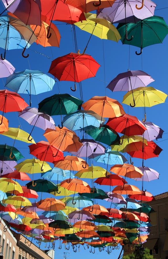 Street Decorated Colored Umbrellas Madrid Getafe Spain Stock Photos