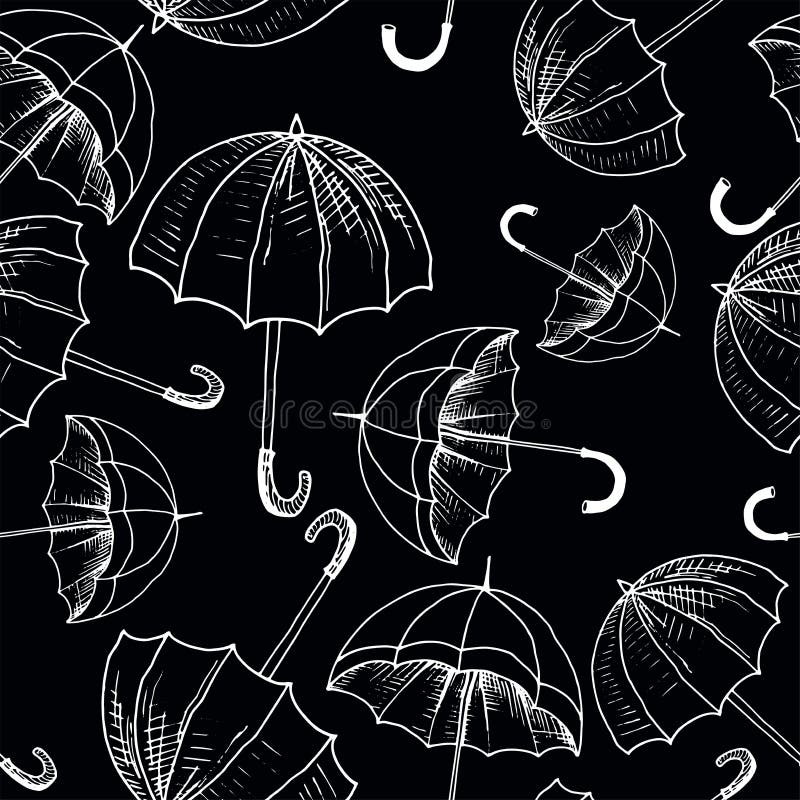 Umbrellas Seamless Sketch Pattern. Black Hand Drawn Umbrellas without
